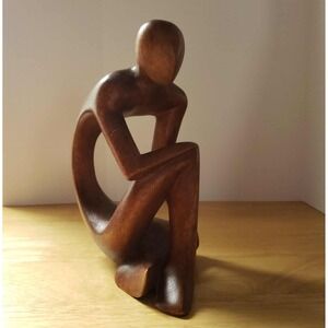 Hand Carved Wood Thinking Man Figurine 8" Abstract Art Sculpture
